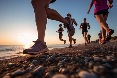 Beachside Run at Sunset. Group of runners on a beach at sunsetの素材