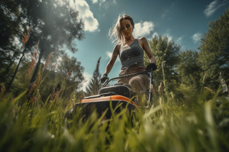 Woman Mowing Lawn in Summerの素材