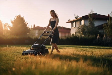 Woman Mowing Tall Grass at Sunsetの素材