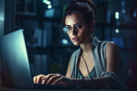 Focused Woman Working Late on Laptopの素材