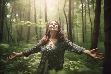 Joyful Woman Embracing Nature in Forestの素材