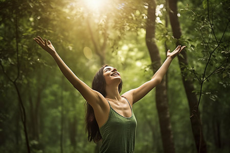 Blissful Woman in Sun-Kissed Forestの素材