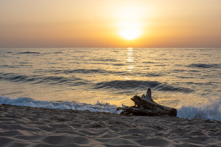 Sunset over Calm Ocean Waves on Sandy Beachの写真素材