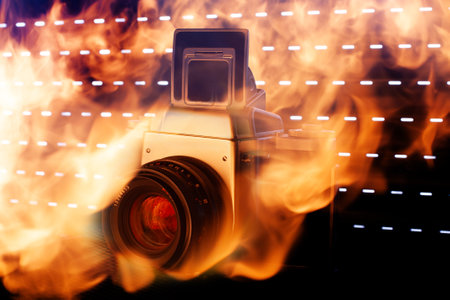 Retro camera surrounded by flames, creating an abstract artistic composition with modern lighting.の写真素材