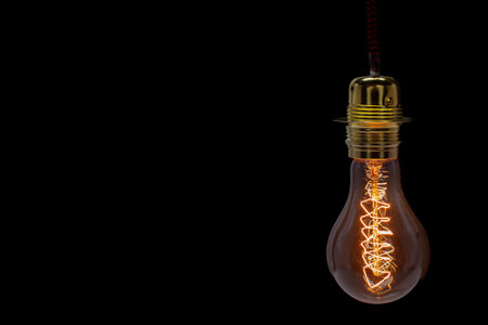 Vintage Edison Light Bulb with Glowing Filament. Copyspace