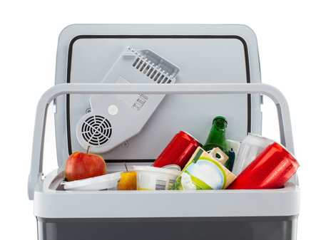 Mini Travel Fridge with Drinks and Fruitsの写真素材