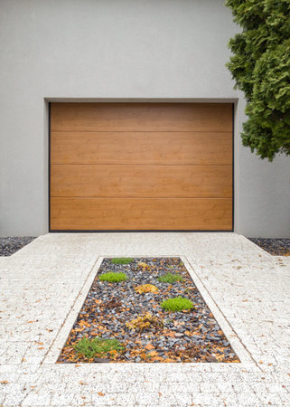 Vertical View of Modern Garage with Wooden Door