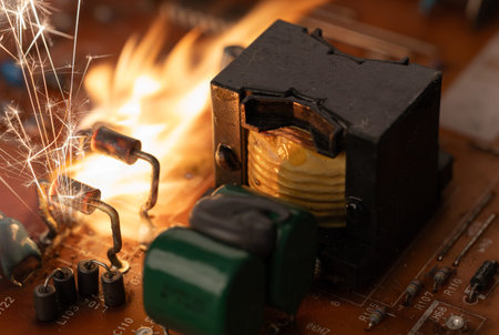 Electronic Circuit Board with Sparks and Flames