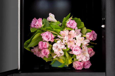 Pink flower bouquet in vending cabinetの写真素材