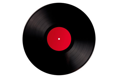 Black vinyl record with red label isolatedの写真素材