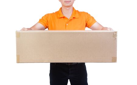 delivery man send box package to you wear orange polo shirtの写真素材