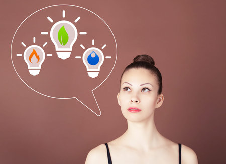 Business innovation idea lamp girl thinks cloudの写真素材