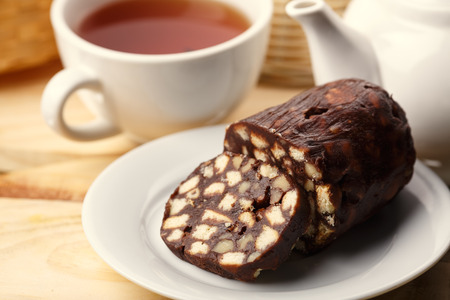 Tea with chocolate dessert. Selective focus. Sweet fodの写真素材