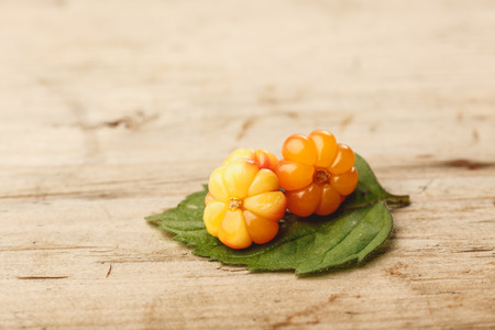 Cloudberries (moroshka) on a wooden table. Wild northern berry. Shallow depth of fieldの写真素材