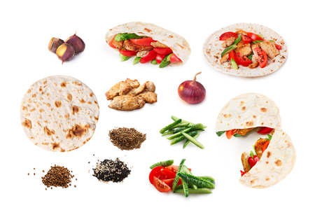Set of isolated shawarma (also known as kebab, gyros pita or tortilla) and its ingredientsの写真素材
