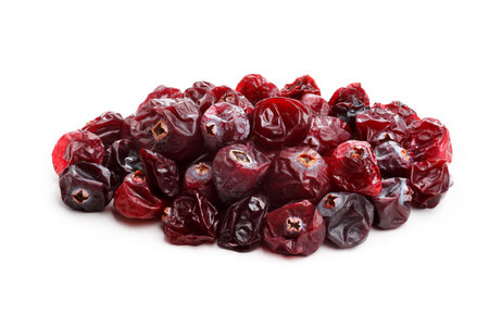 Dried wild cranberries isolated on white. Studio shoot, retouched, infinite depth of fieldの写真素材