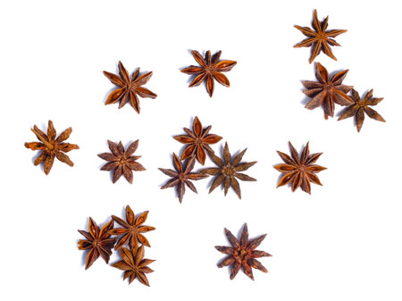 Star anise, badiam (dried Ilicium verum fruits), top view. Clipping paths, shadows separated