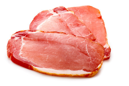 Three slices of ham (cured pork). Clipping paths, shadow separated