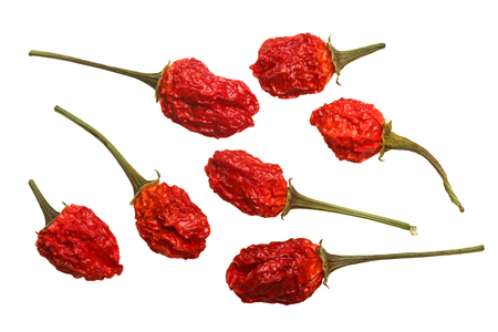 Dried Aji Coracao de galinha peppers (Capsicum baccatum). Top view, clipping pathsの写真素材