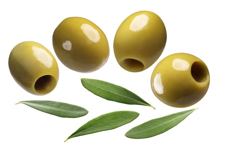 Green pitted olives (Large Manzanilla or Chalkidiki). Clipping path for eachの写真素材