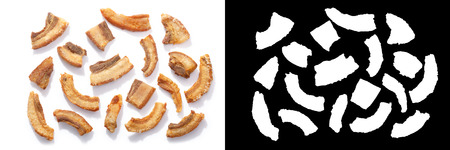 Pork rinds or chicharron, greaves, scratchings or torresmo snack, top view. Alpha channel, shadows separatedの写真素材