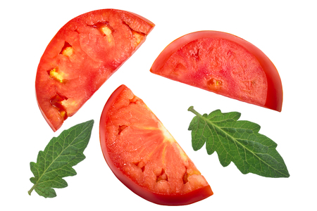 Slices of fleshy beef tomato (halved rings), top viewの写真素材