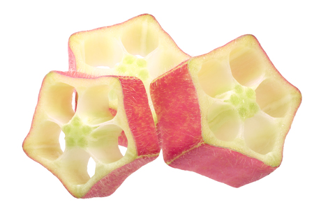 Red okra/ochro or ladies' fingers (Abelmoschus esculentus) slices, seededの写真素材