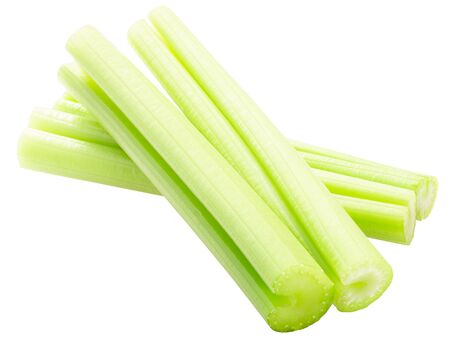 Celery stalks or sticks crossed isolated. Apium graveolens petiolesの写真素材