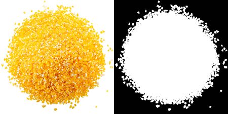 Pile of cornmeal, a coarse ground dried maize seeds, isolated, top viewの写真素材