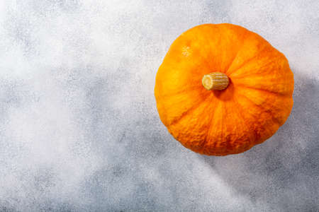 Orange pumpkin (Cucurbita pepo fruit) on grey textured backdrop w/ copy space, top viewの写真素材