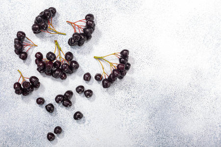 Black chokeberry (Aronia melanocarpa) berries atop grey textured backdrop w/ copy space, top view
