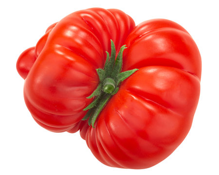 Reisetomate heirloom ribbed tomato (Solanum lycopersicum fruit) isolated, top viewの写真素材