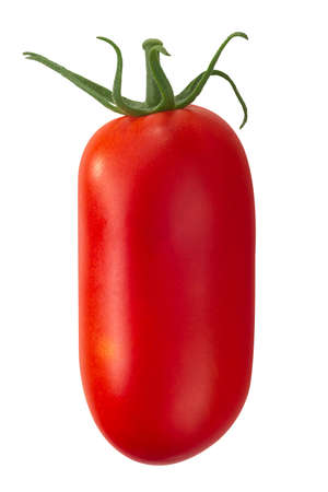 Red oblong plumelike tomato (Solanum lycopersicum fruit), isolatedの写真素材