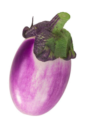 Violet white eggplant or aubergine (Solanum melongena fruit) isolatedの写真素材