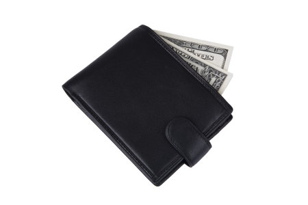 Black wallet with a dollars on white background.