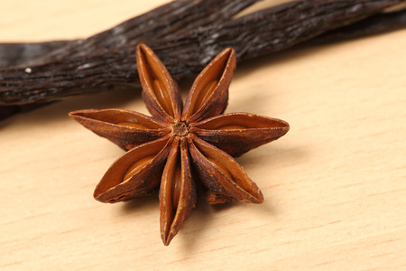 Vanilla and fruits of an anisetree on a kitchen tableの写真素材