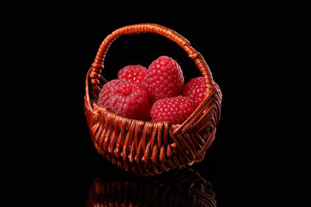 A small basket with raspberries stands on a black glossy background