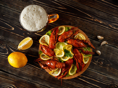 Top view of a plate with hot boiled crawfish, a mug of beer, lemon, garlic lying on a textured brown...