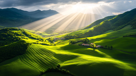 sunlight over green hillsの素材
