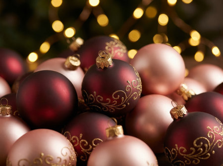 Berry burgundy and blush Christmas ornaments with gold filigree and warm bokehの素材
