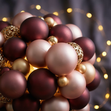 Berry burgundy and blush Christmas baubles cluster with golden lightsの素材