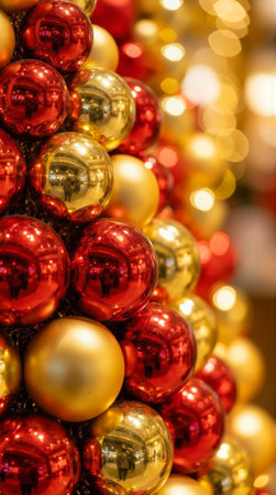 Red and gold Christmas baubles with festive bokeh lightsの素材
