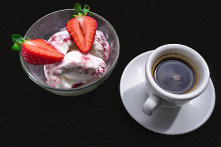 A Cup of coffee with some strawberry on different backgroundの写真素材