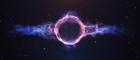 Futuristic space particles wave explosion round circle energy structure. Space orb VFX 3D...