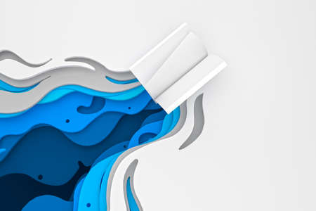 A white book came from the blue ocean. Book 3D illustration background. Empty copy space for text and writing on white book page. Openbook page. Notebook cover floating on water.の写真素材