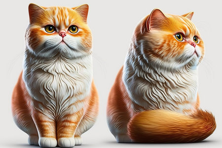 Two red cats sitting and looking at the camera on a gray backgroundの写真素材