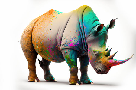 rhinoceros with colorful splashes isolated on a white backgroundの写真素材