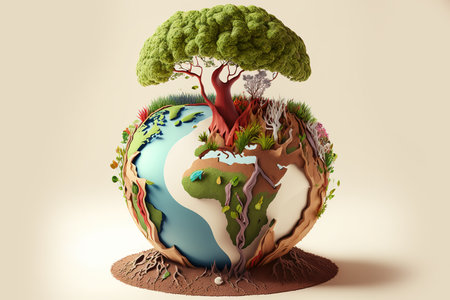 Planet earth with a tree in the middle. 3D illustration.の写真素材