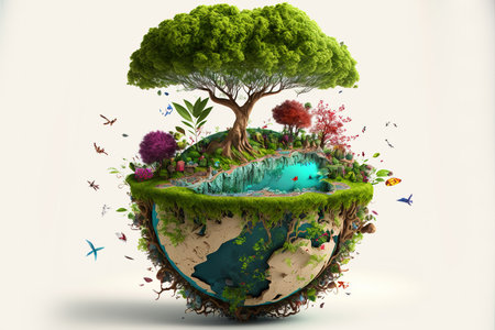 Ecology concept with planet earth and tree. 3D illustration.の写真素材