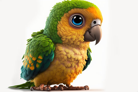 Cute parrot with green eyes on white background. 3D illustration.